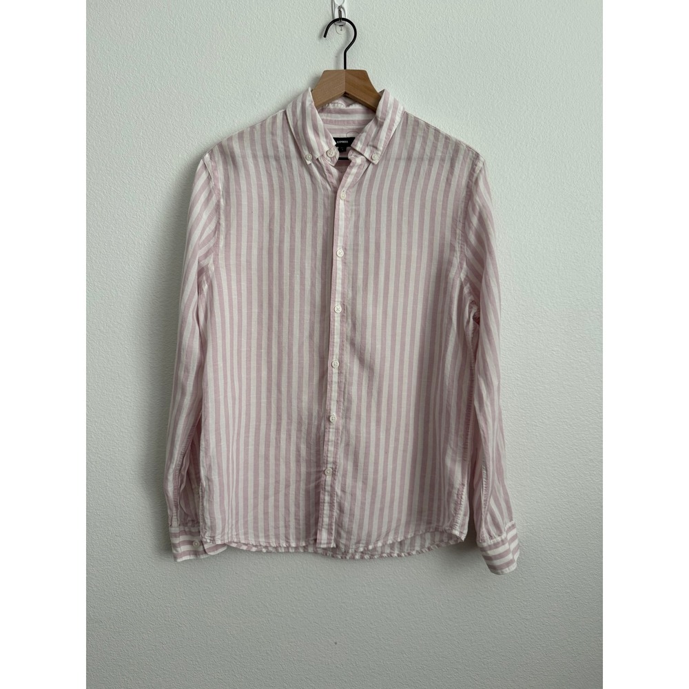 Express Linen Blend Striped Button Down Shirt S Pink White Coastal Granddaughter